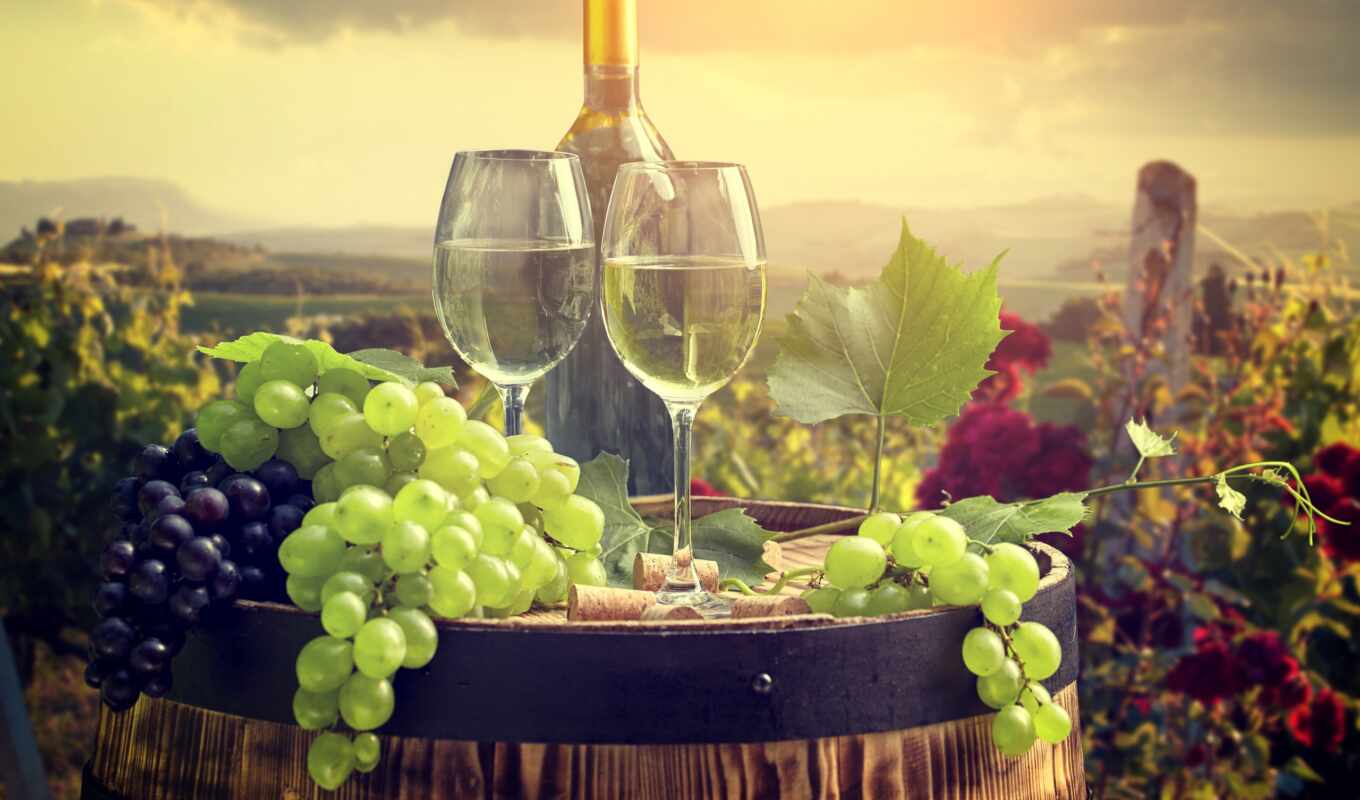 glass, вино, виноград, бочки, бутылка