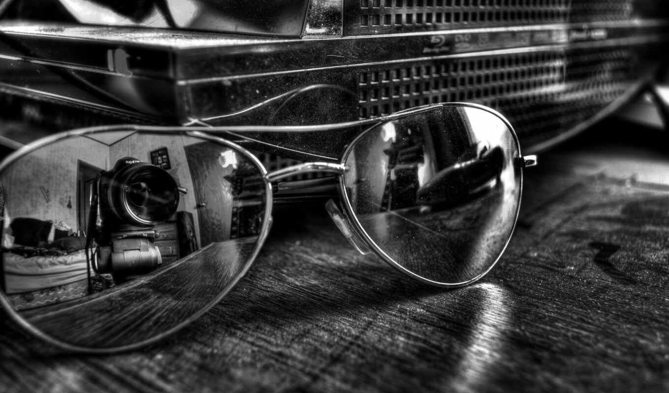 объектив, очки, камера, отражение, солнцезащитные очки, чёрнобелый