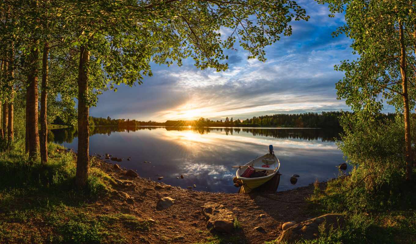 природа, summer, дерево, закат, корабль, лес, река, лодка, финляндия