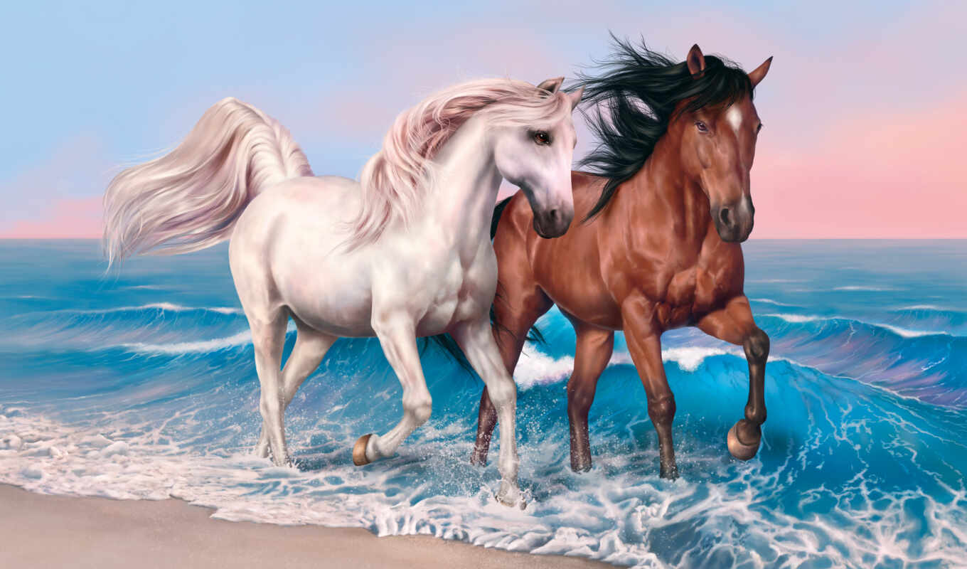 art, white, лошадь, пляж, живопись, wild, animal, running, шелк, плакат, лошади