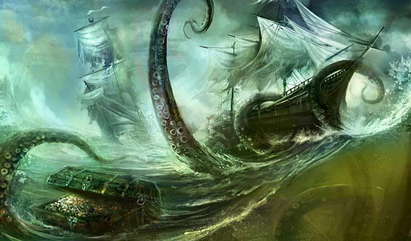 корабль, океан, осьминог, сундук, шторм