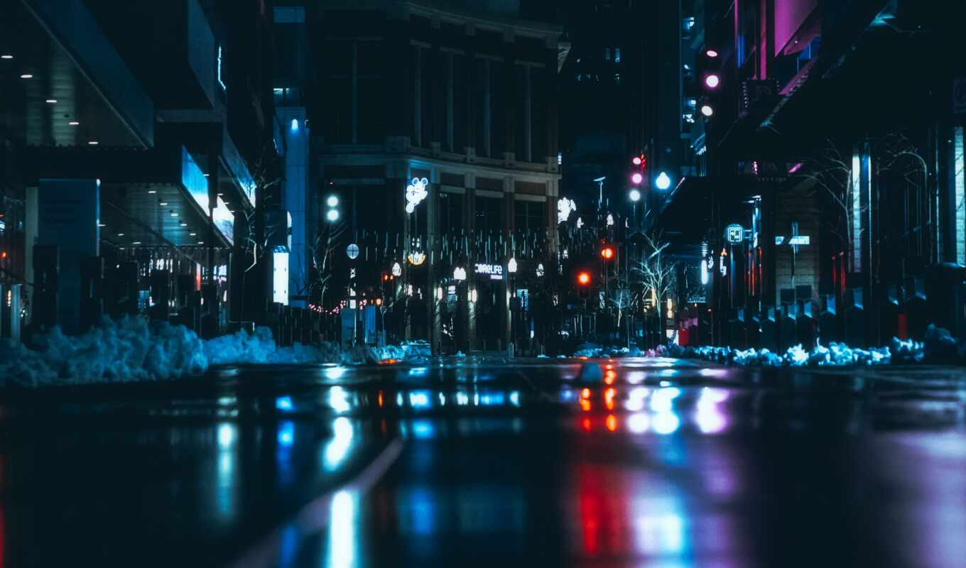 city, night, road, lights, dark, reflection