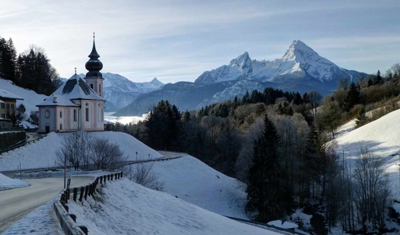 online, snow, winter, France, trees, puzzle, the alps, church, bavarian, mountains