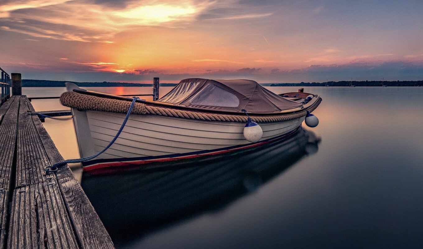 lake, sunset, a boat, pier