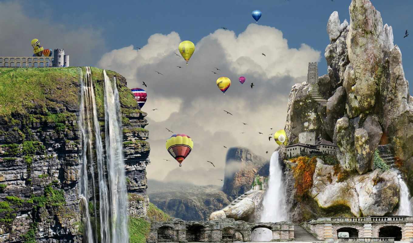 digital, pattern, air, hot, fantasy, кросс, водопад, прокатиться, cliff, balloon, stitch