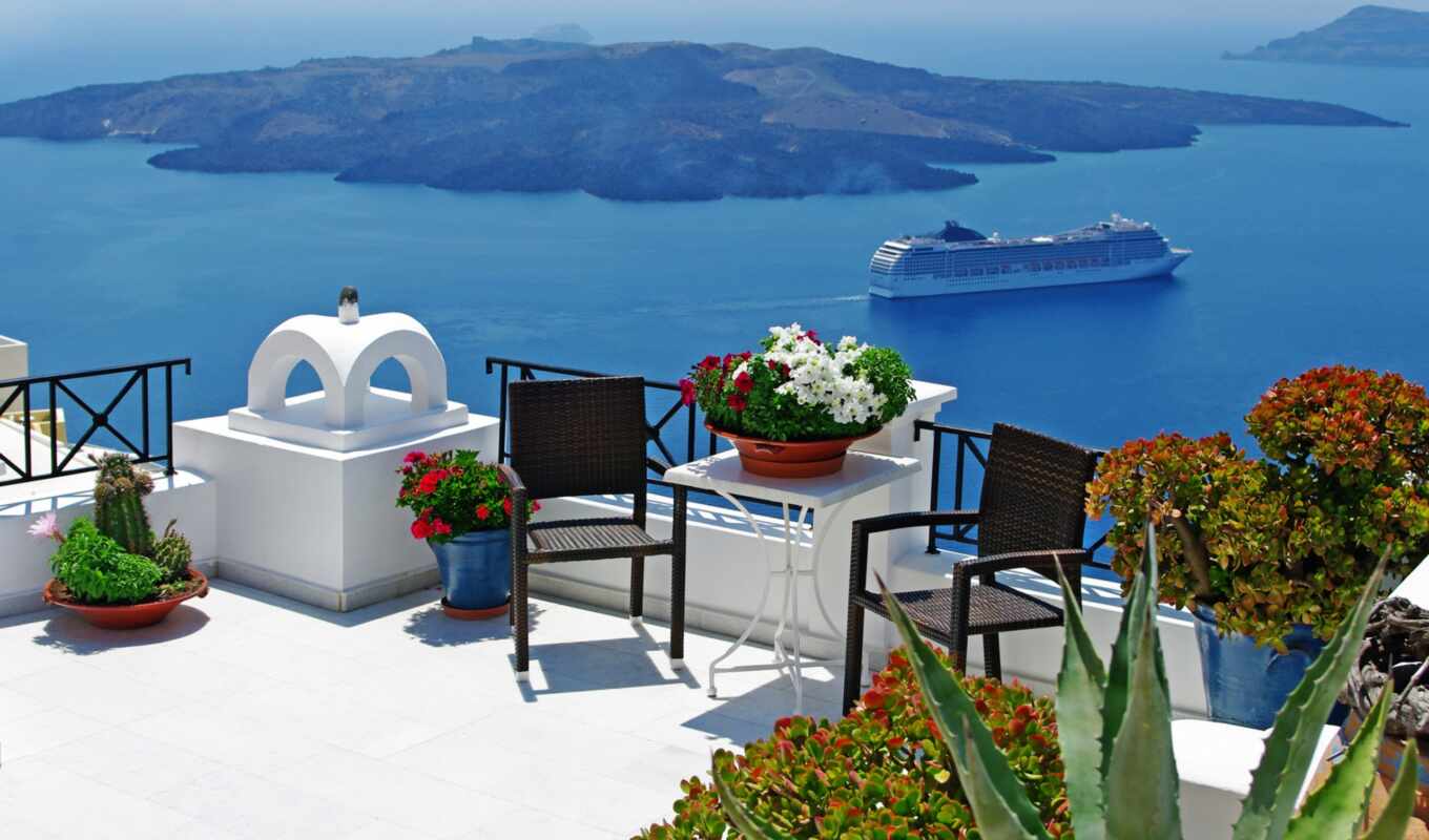 взгляд, море, балкон, greece, терасса, фотообои, santorinit