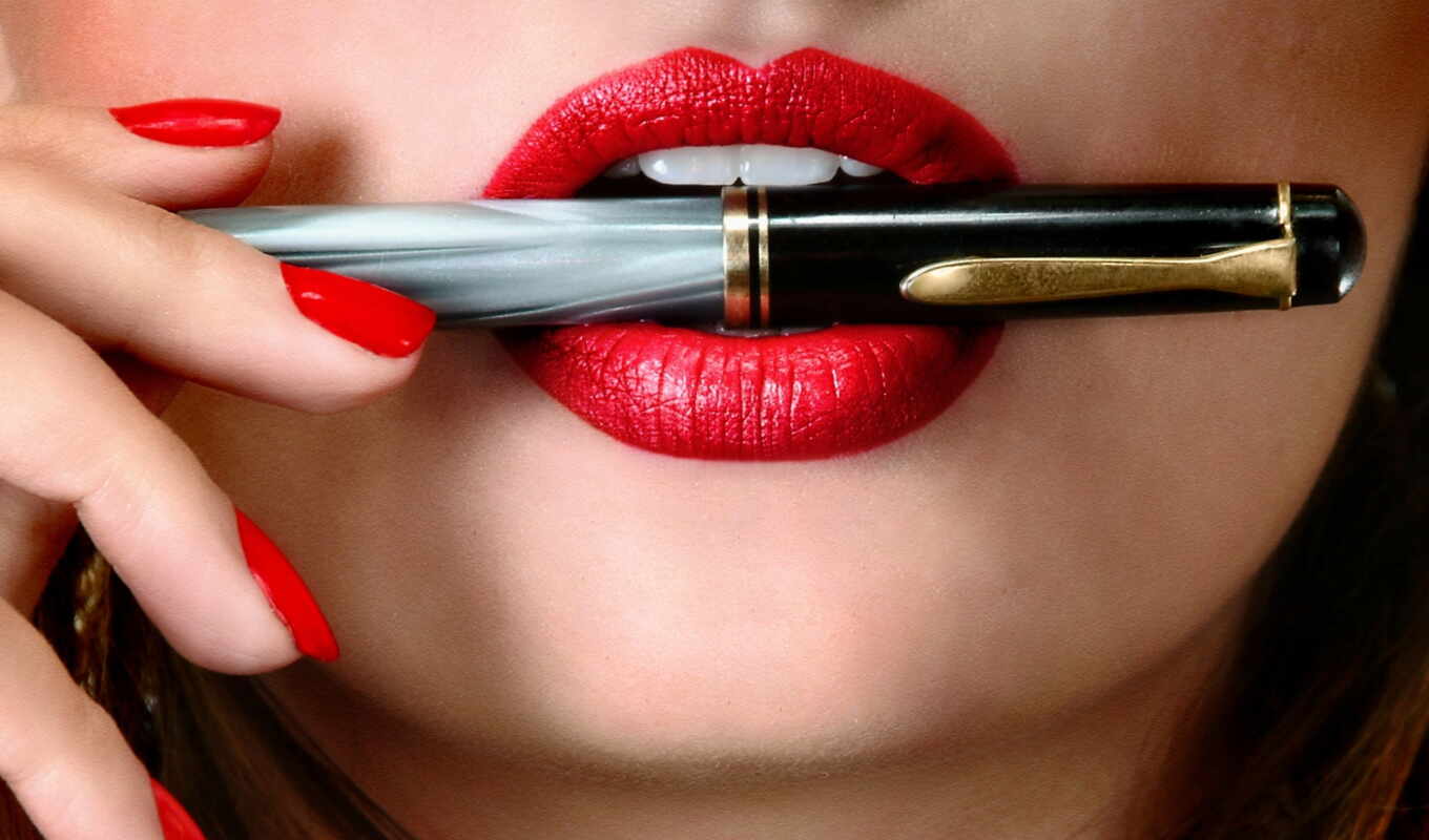 girl, white, red, another, boy, stylus, a pen, tooth, lipstick, lip