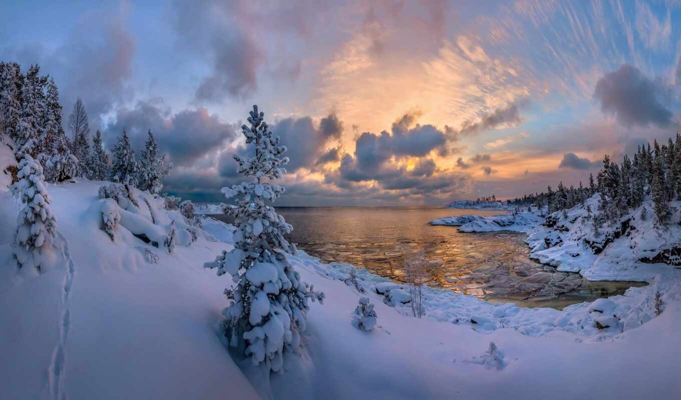 snow, eis, sunrise, Ladoga, karelia