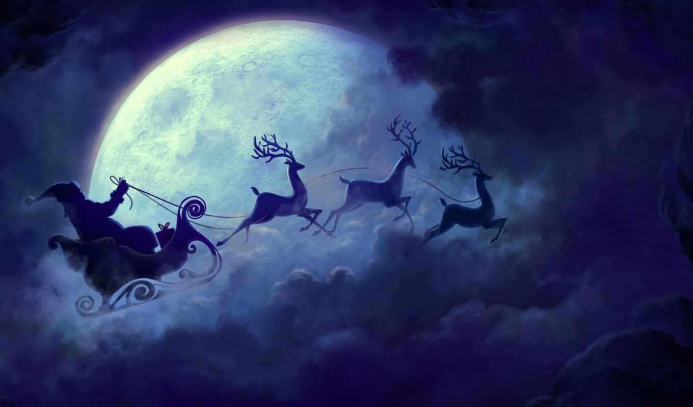 new, moon, year, claus, santa, christmas, doe, sledge, Christmas tree