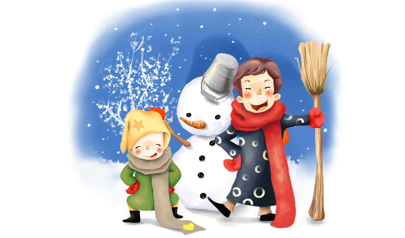 зима, дети, снеговик, ведро, веселье, шарфы, метла