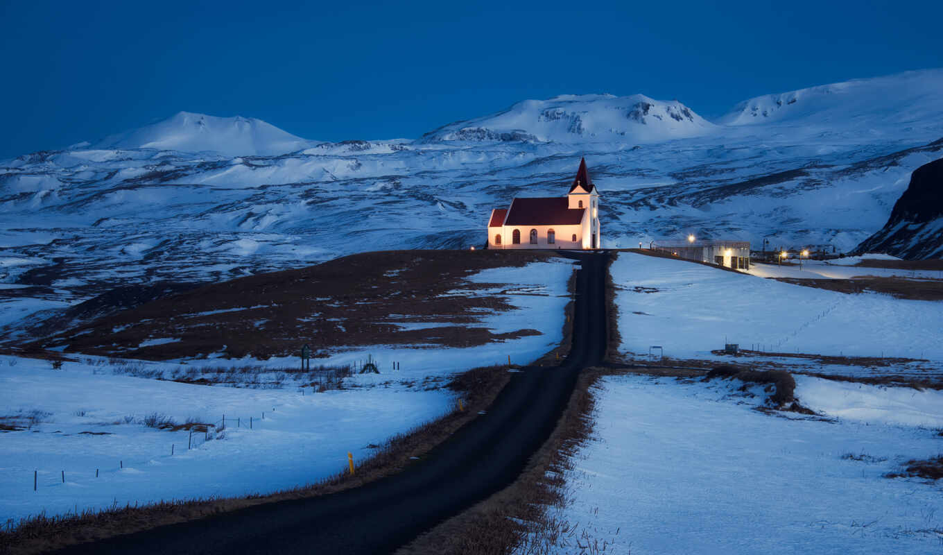 noch, svet, дорога, снег, горы, исландия, холмы, церквушка