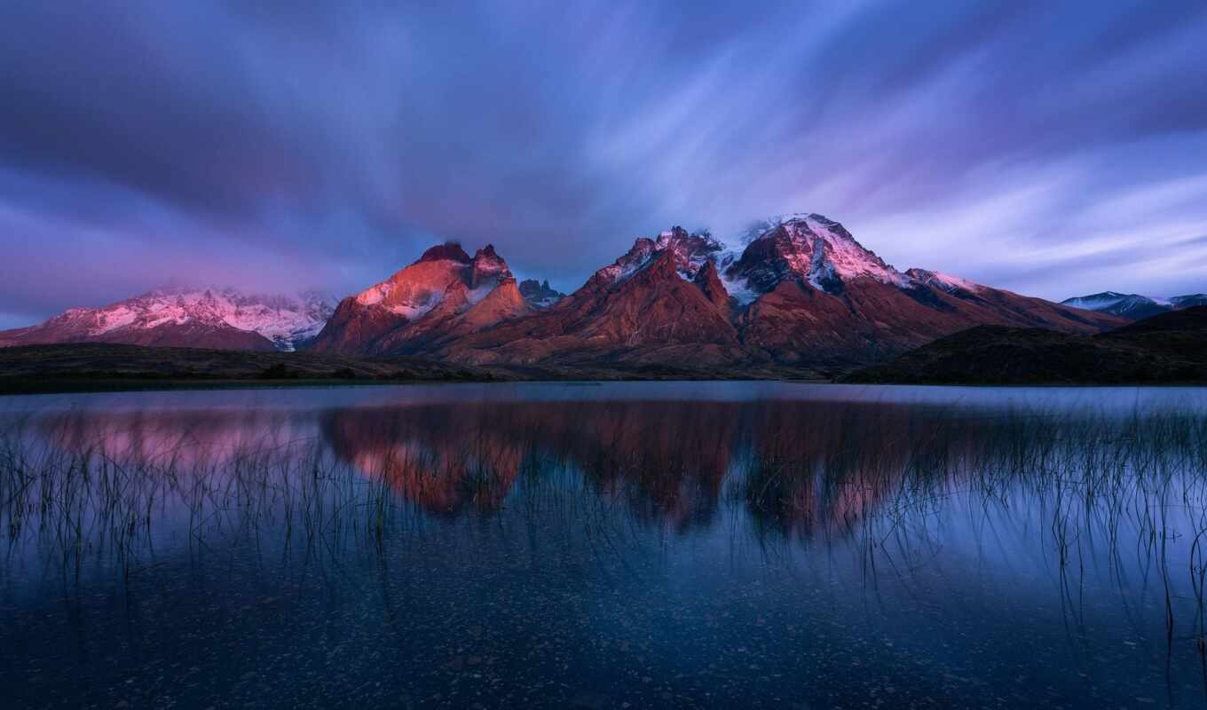 озеро, небо, mountains, пасмурный, dusk, отраженные