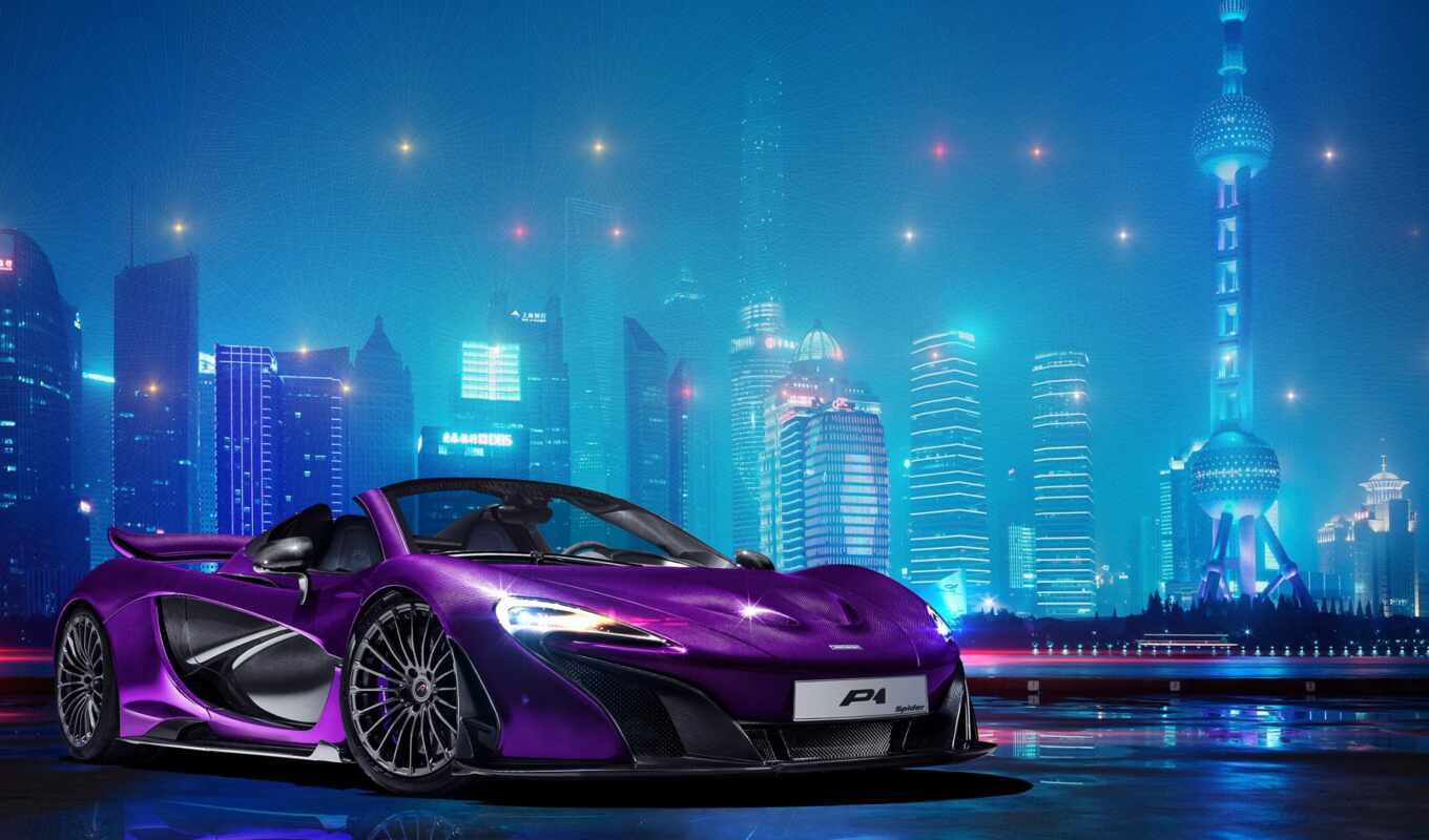 purple, город, ночь, car, суперкар, vehicle, hypercar, mcla