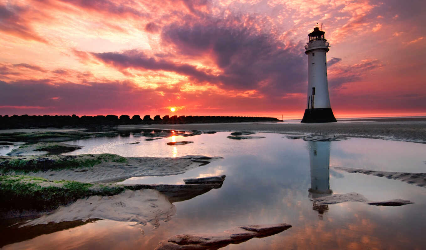 природа, закат, пляж, lighthouse, побережье