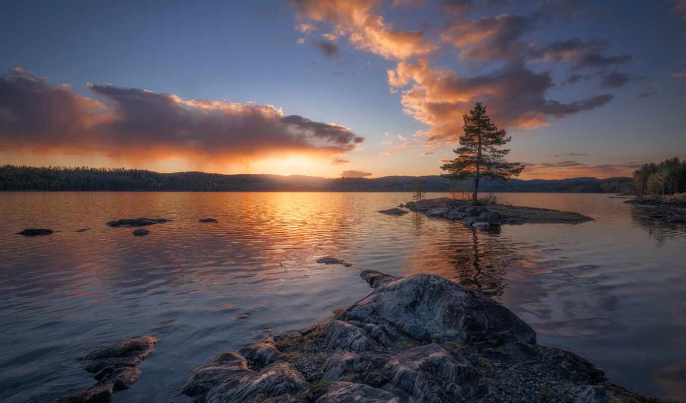 lake, tree, sunset, island, cloud, pixel, a boat, Norway, dot, ring cycle, ringerik