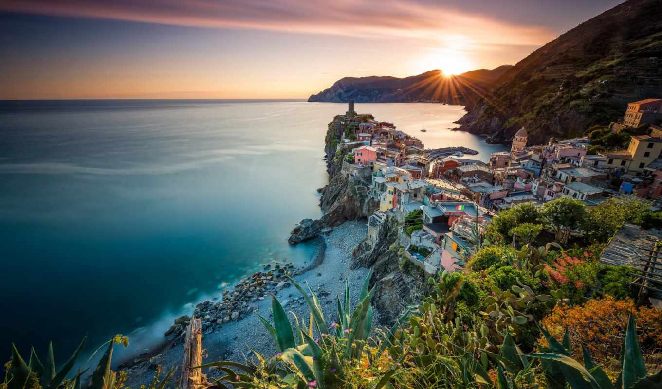 nature, house, sunset, sea, italian, coast, a boat, land, italy, vernazza, five