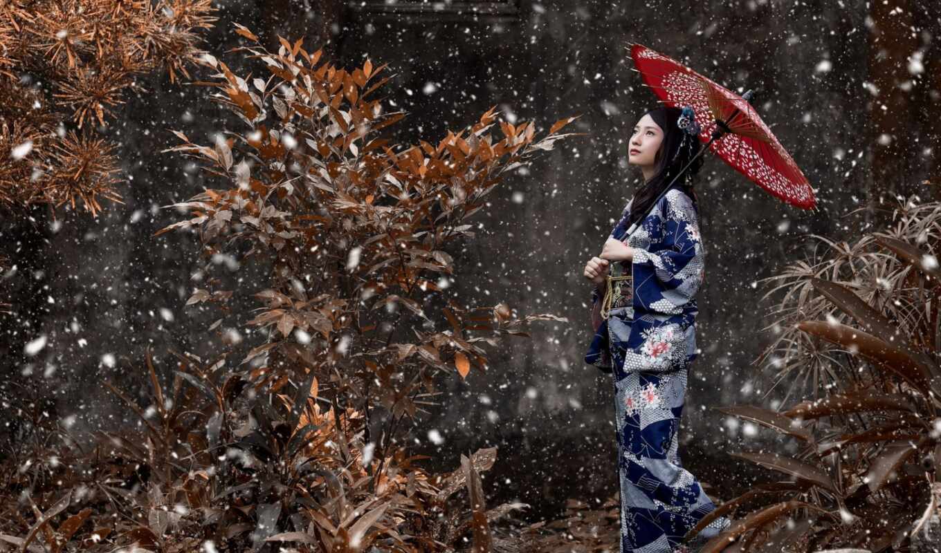 девушка, winter, japanese, зонтик, кимоно