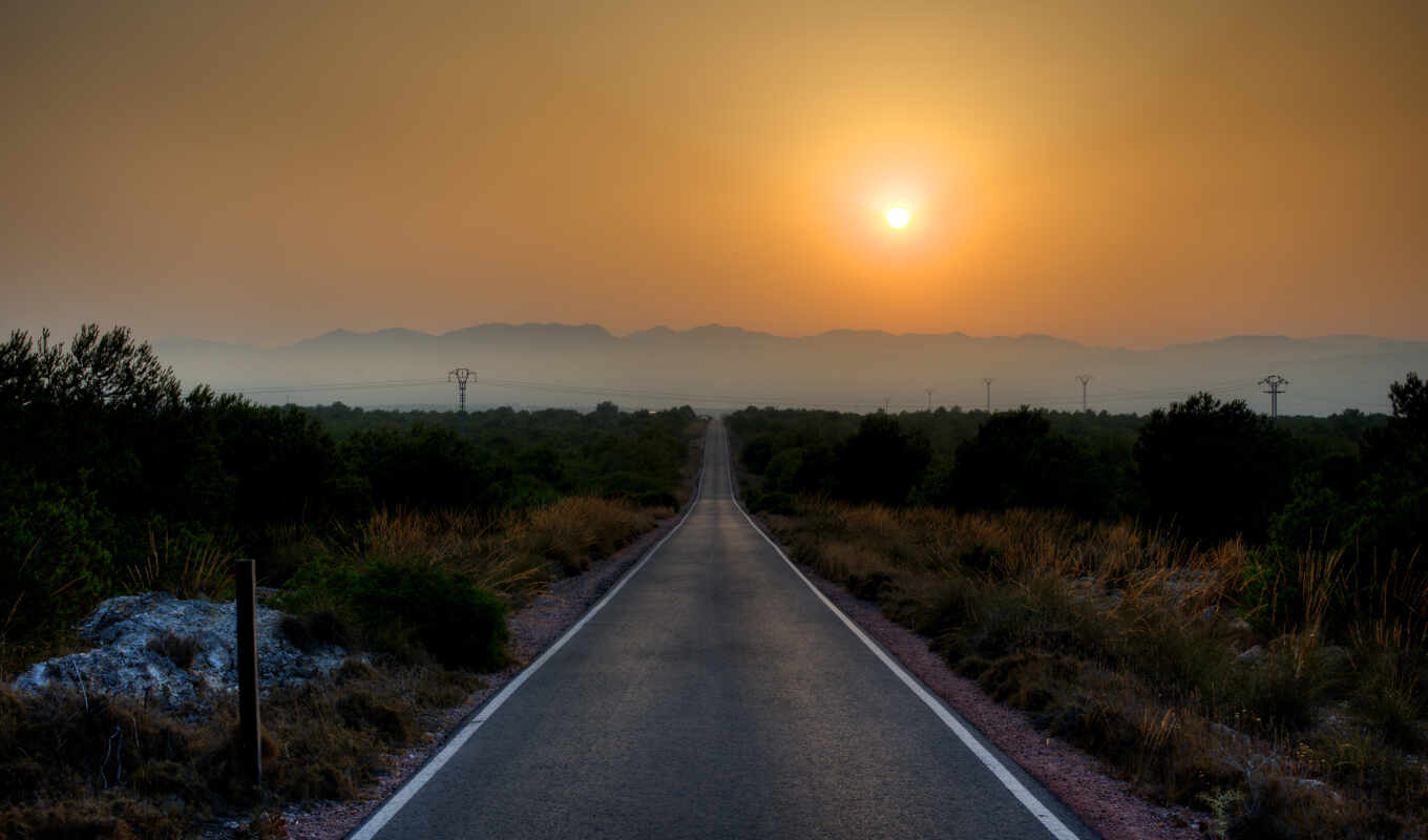 sunset, road, santa, long, mountains, Spain, straight, by