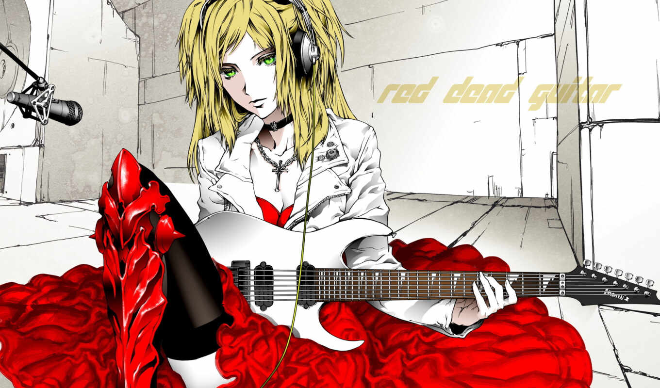 girl, picture, anime, guitar, microphone, blonde, eyes, dress, choose, with the button, right, mice, guitar
