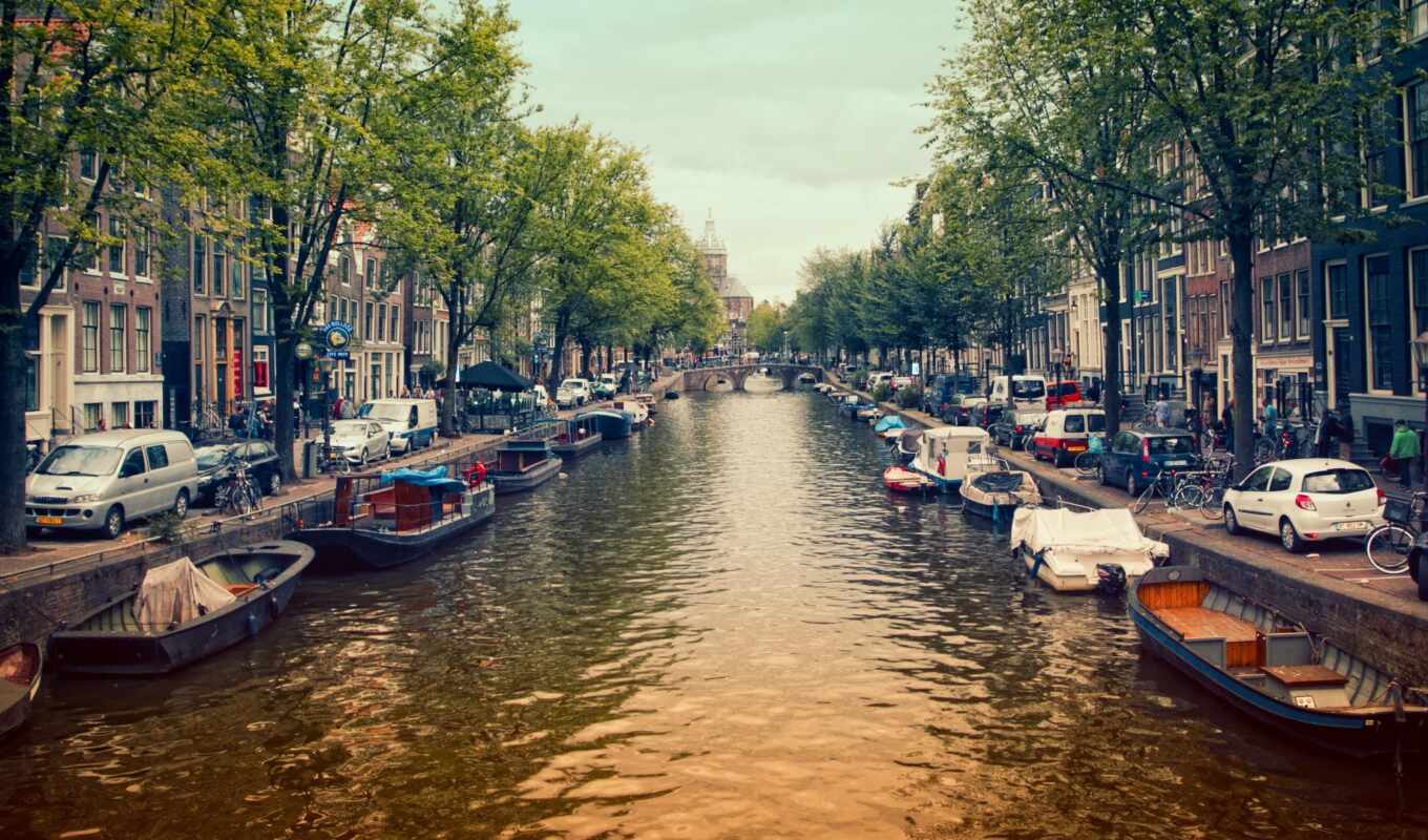 street, cityscape, Amsterdam, canal, a boat