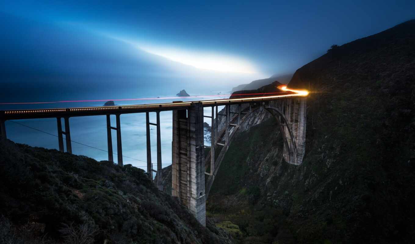 background, Bridge, lights, long, mist, motion, exposure
