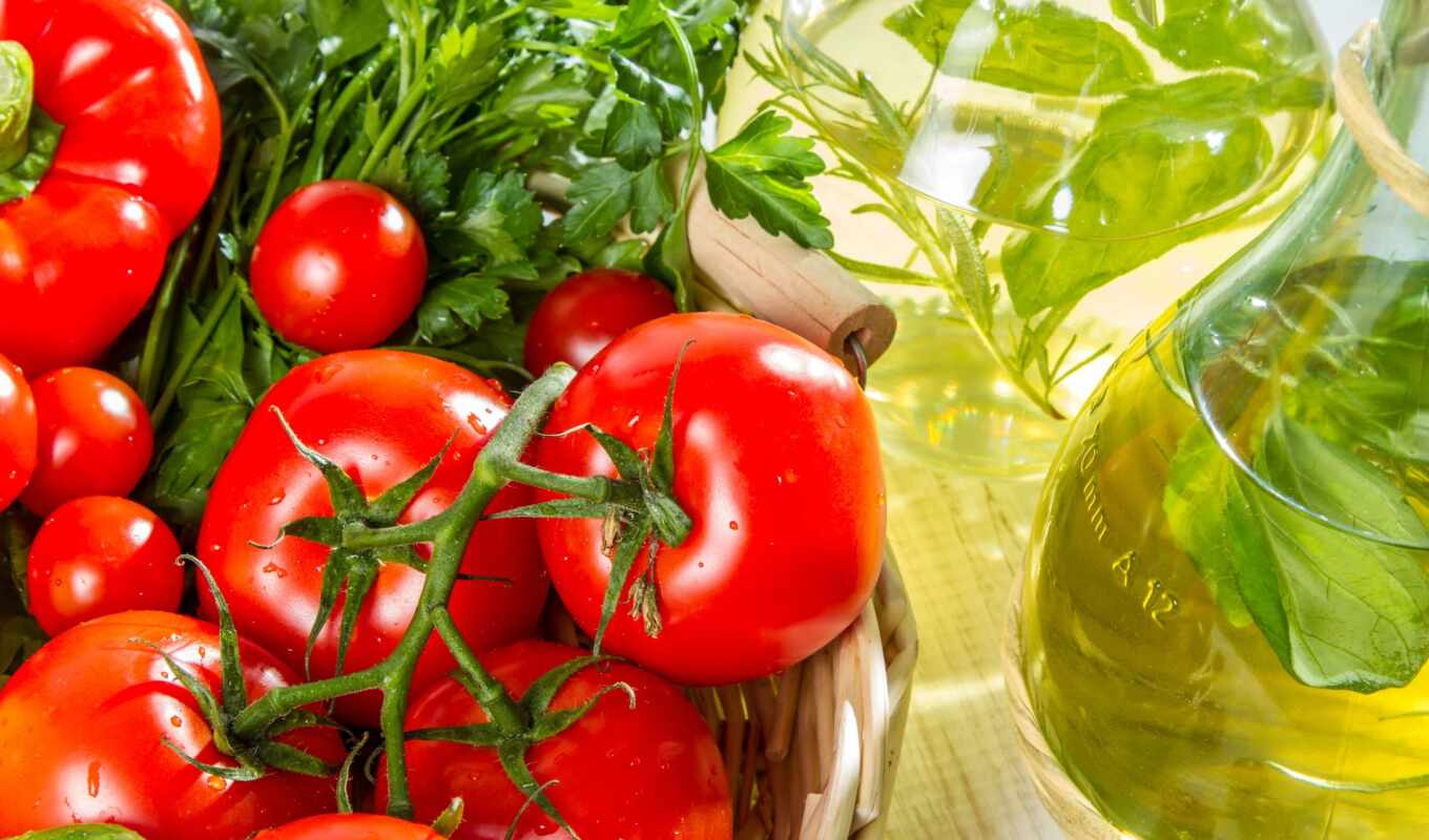 meal, themes, green, basket, oil, tomatoes, cvety, collector, food, produce