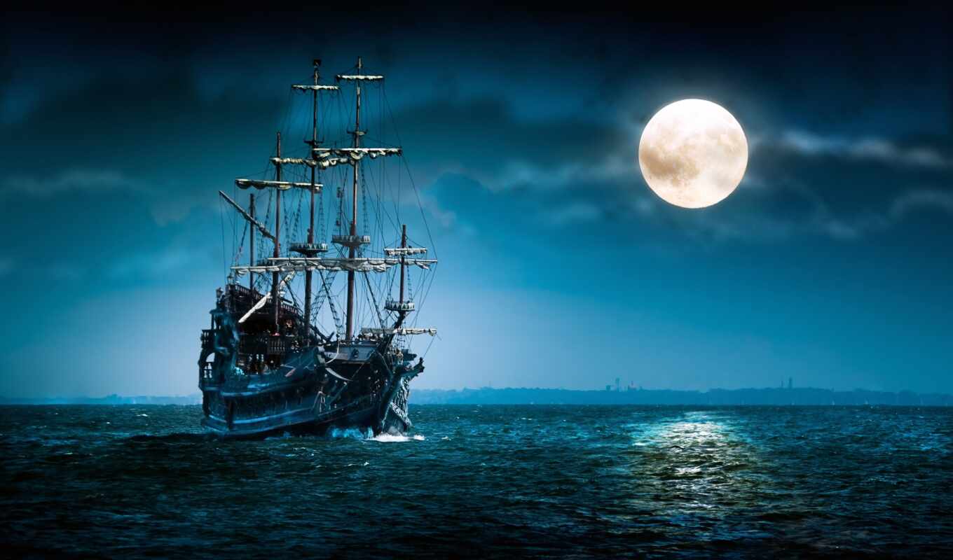 ship, night, moon, sea, frigate, sailboat
