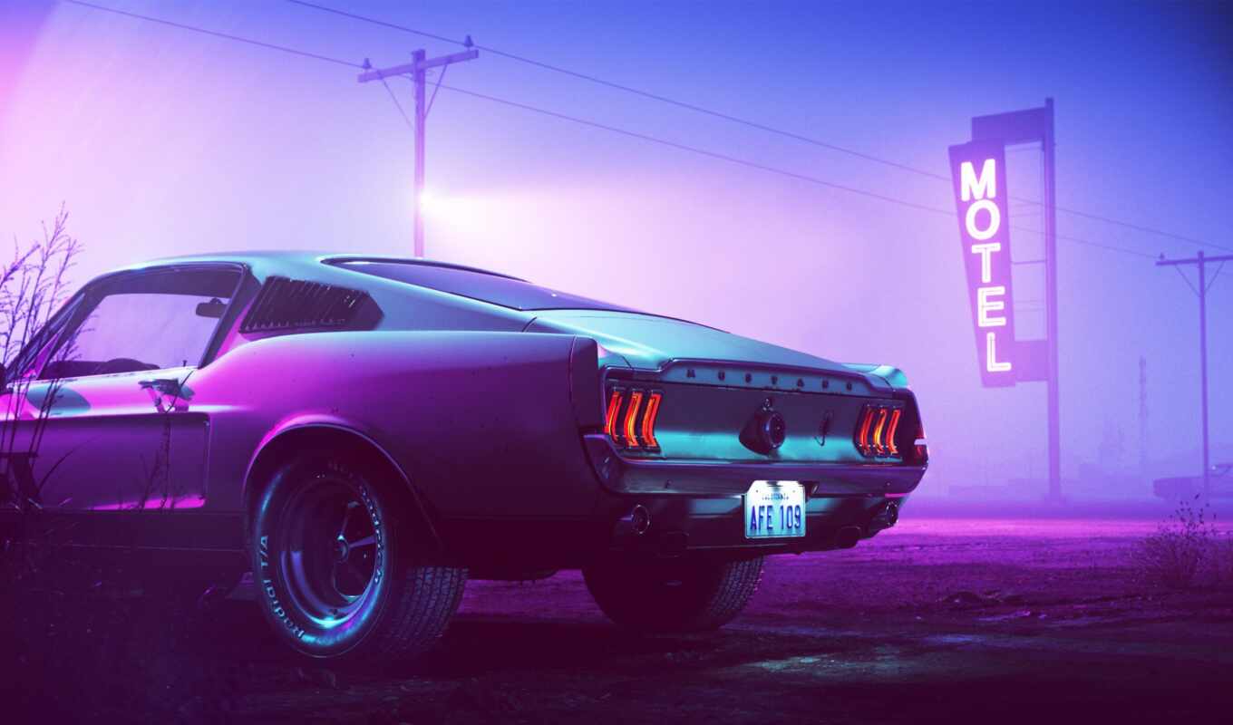 ford, mustang, neon, motel