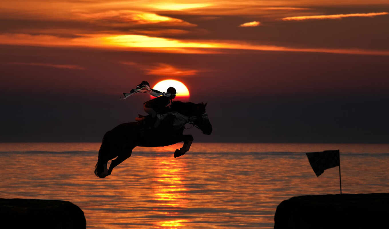 sun, лошадь, закат, прыжок, ocean, всадник