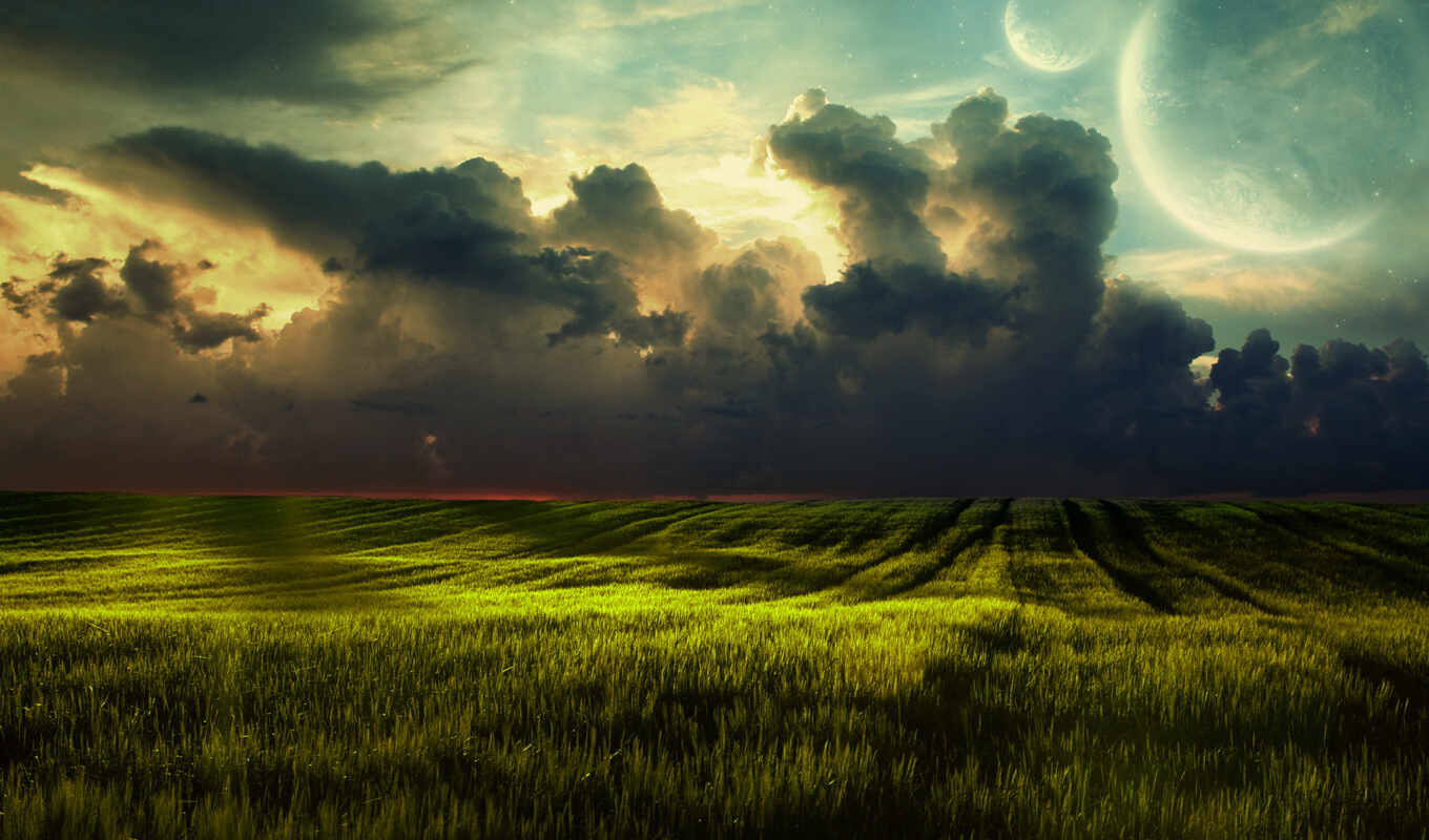 nature, sky, grass, field, landscape, planet, suns, cloud