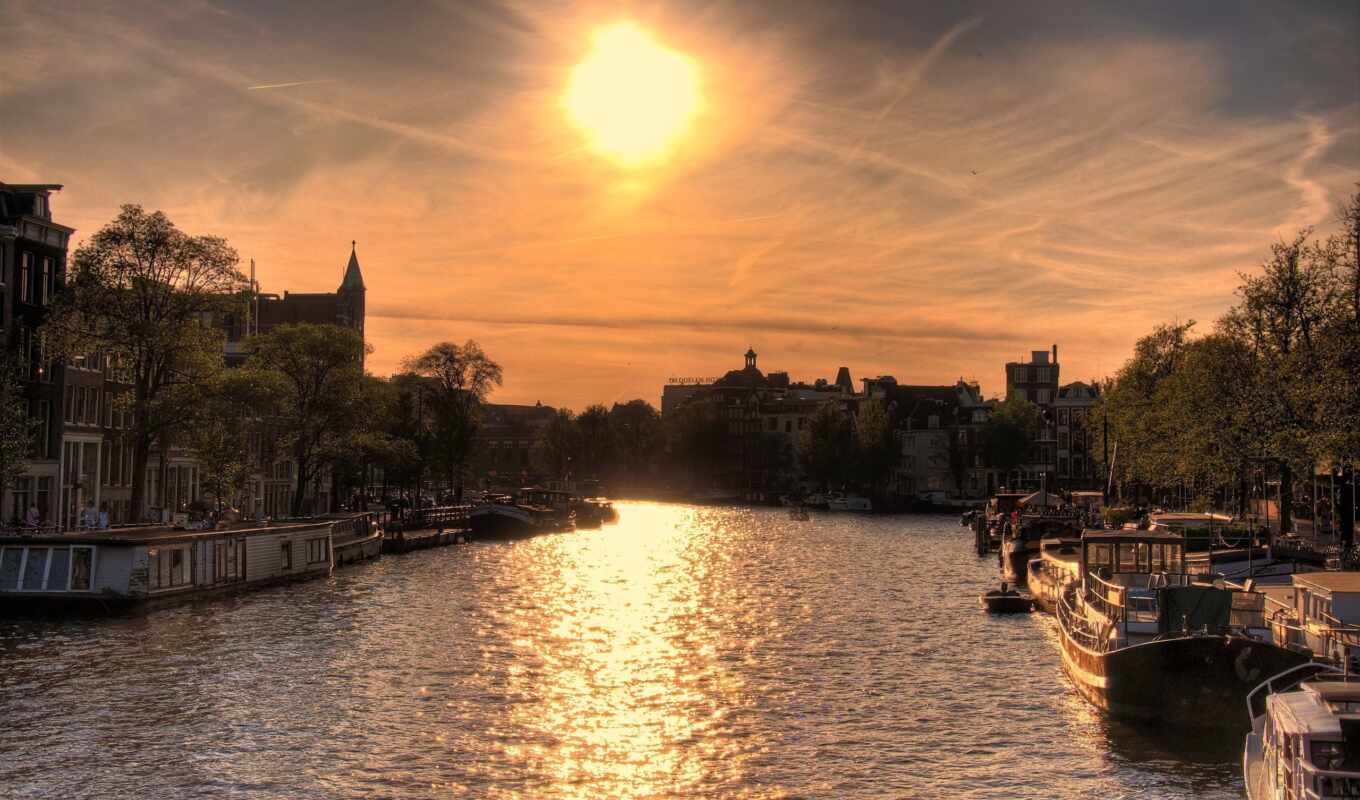 со, дома, sun, закат, город, amsterdam, река, лодки