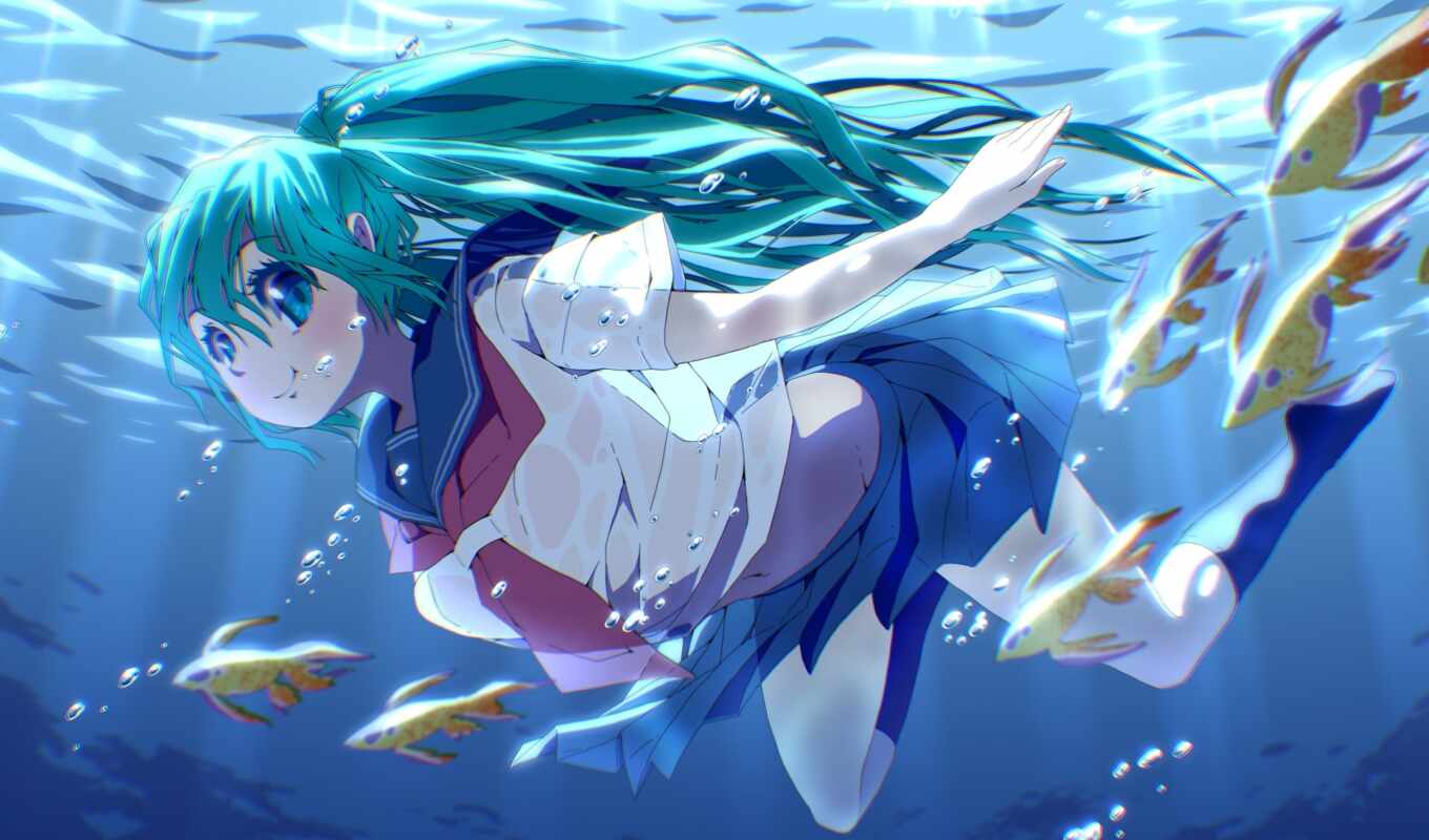 blue, девушка, anime, vocaloid, hatsune, волосы, fish, underwater