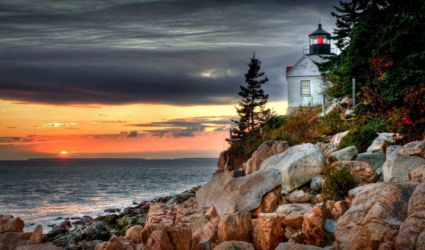 head, sunset, sea, lighthouse, harbor
