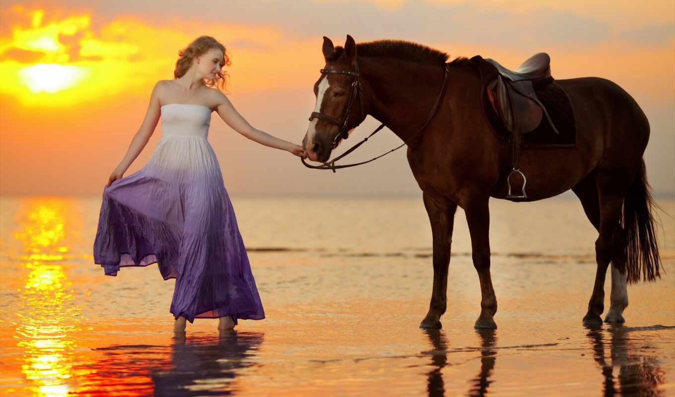 девушка, лошадь, закат, море, моря, платье, лошади, побережье, солнца, zhivotnye
