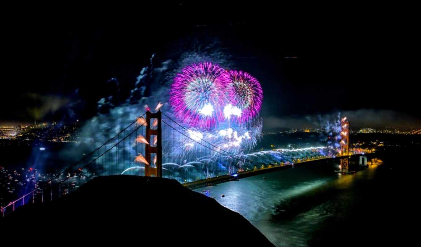 ночь, мост, firework