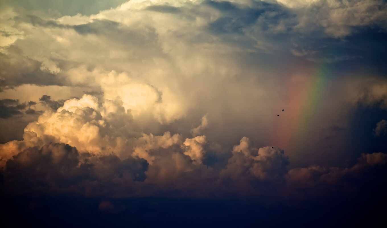 sky, with, rain, rainbow, beautiful, cloud, through, cloud, birds