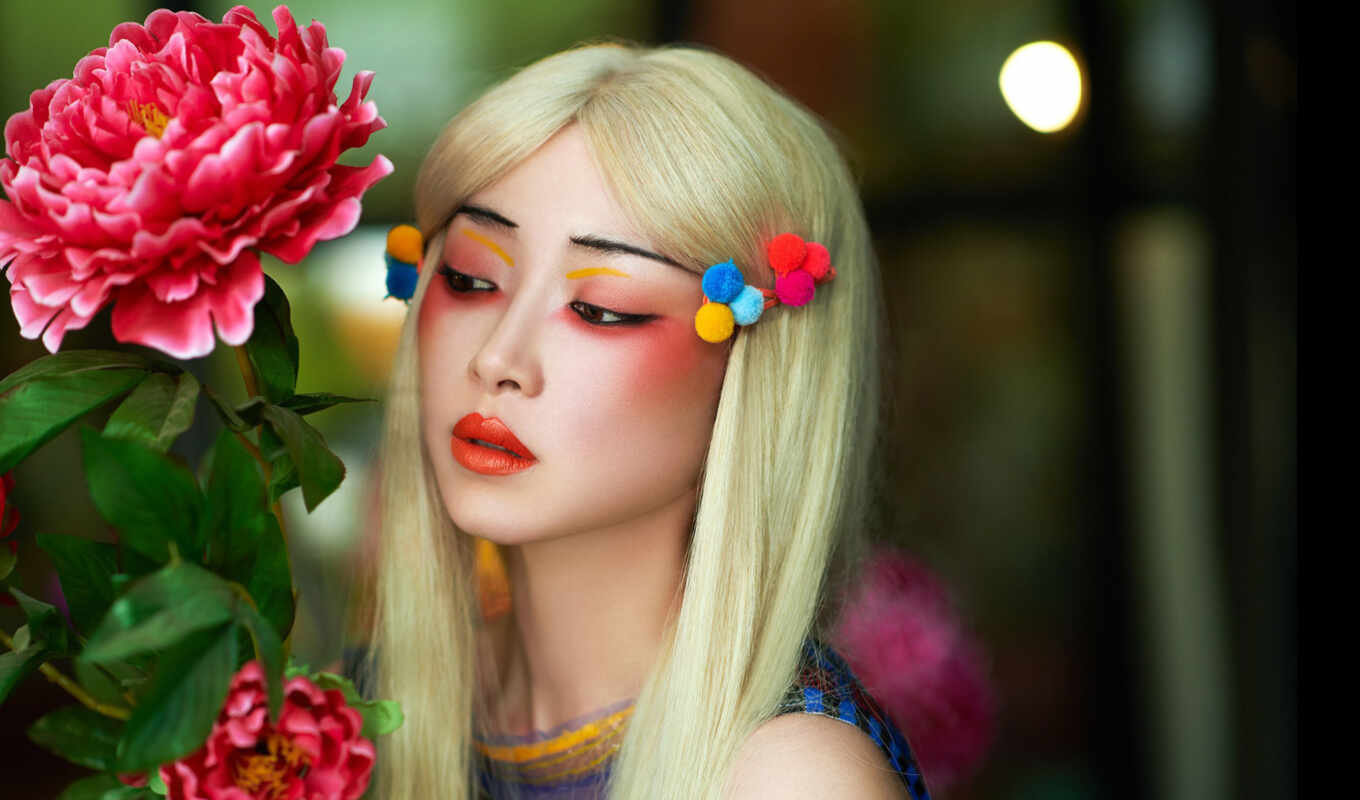 flowers, girl, colorful, eyes, model, asian, beauty, makeup