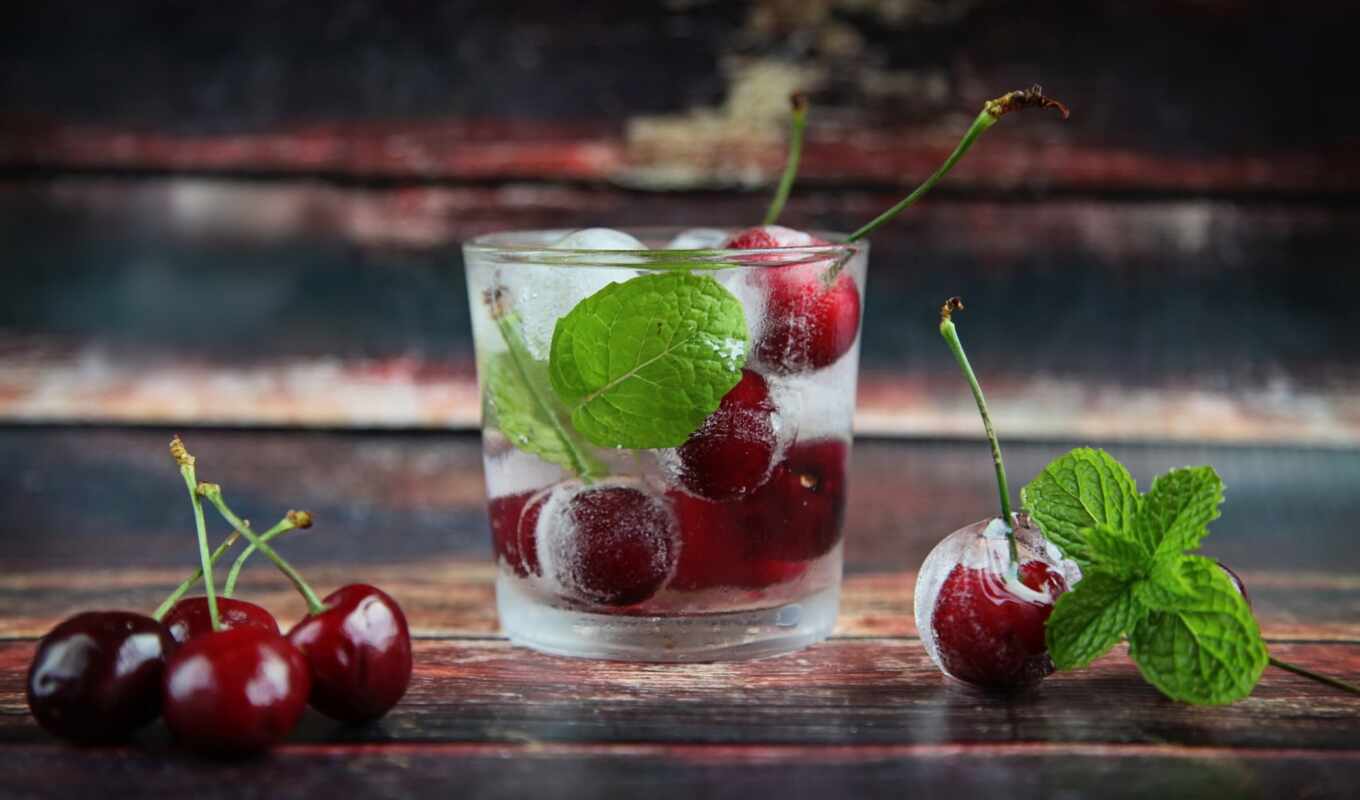 meal, glass, ice, cherry, cocktail, drink, mint, berries, imgator