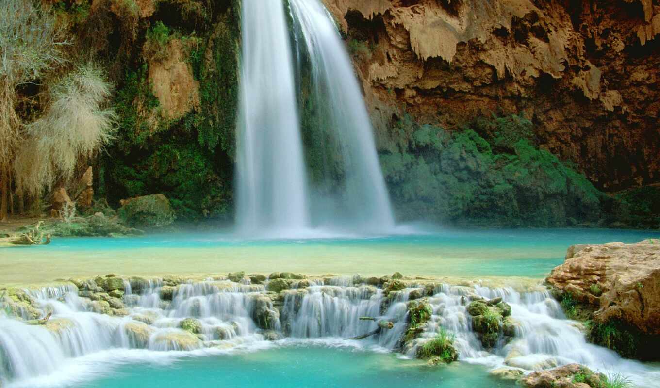 красивых, красивый, водопад, falls, arizona, находится, водопадов, havasu, суфай, каньоне