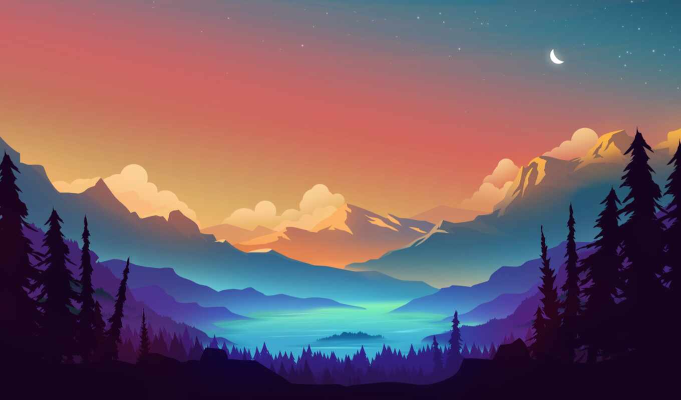 digital, sunset, landscape, illustration