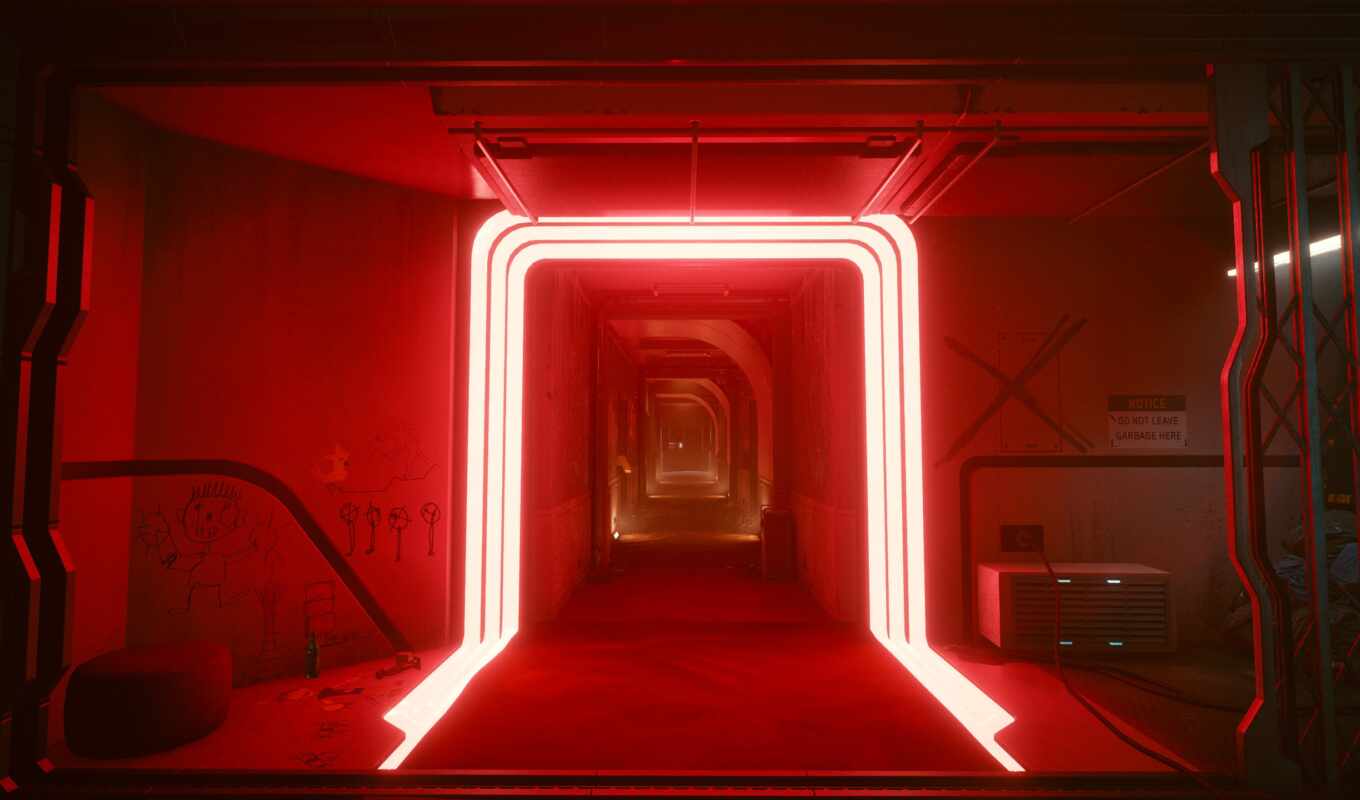 red, lights, neon, hallway