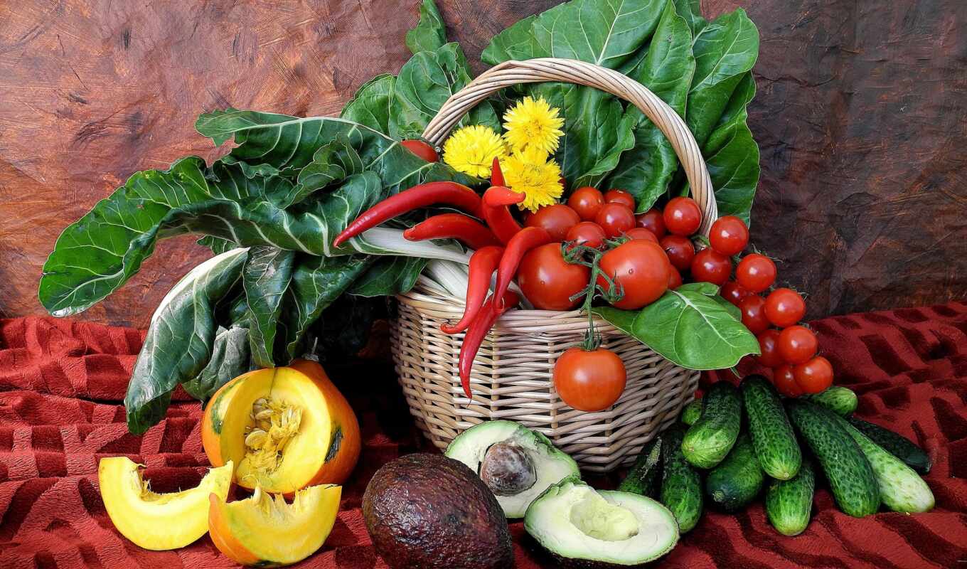 meal, basket, tomatoes, pepper, pumpkin, cucumbers, produce, fruits, berries, still-life, cars