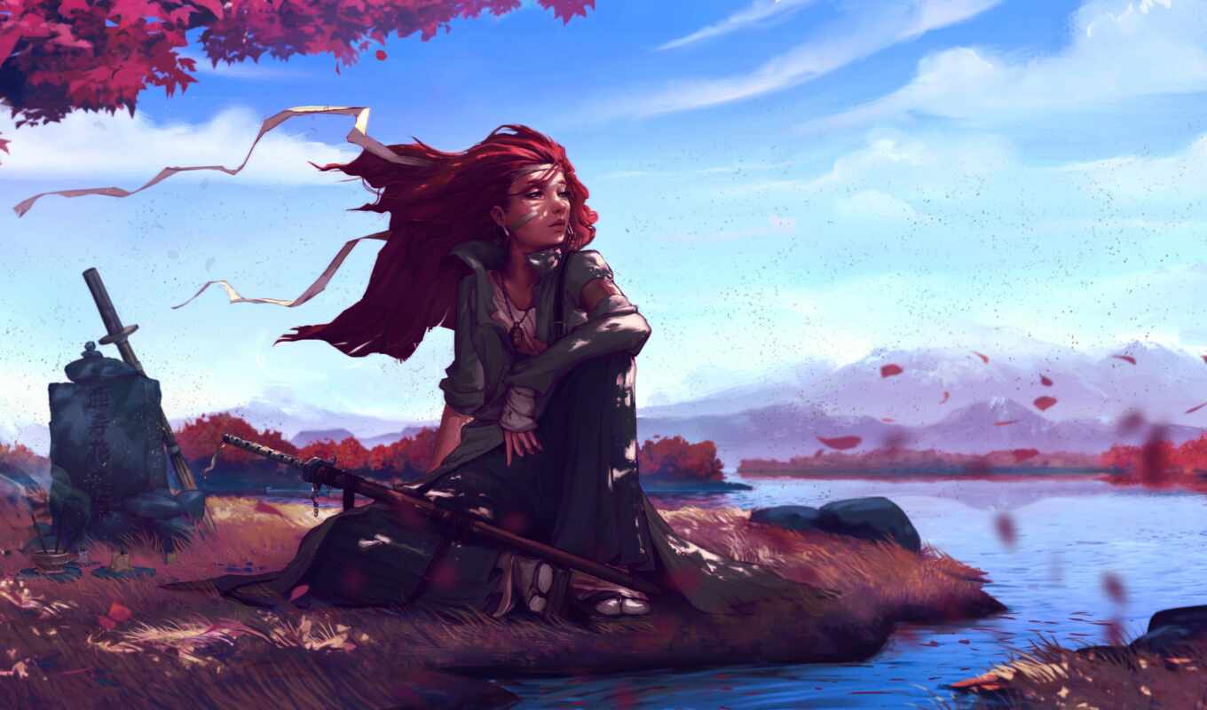 girl, tree, warrior, hair, red