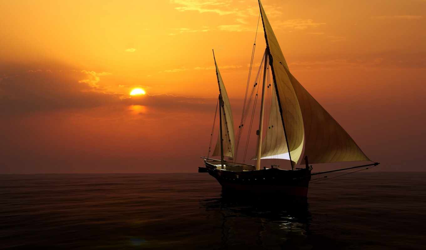 sky, mobile, sun, sunset, ship, sea, horizon, a boat, yacht, sail