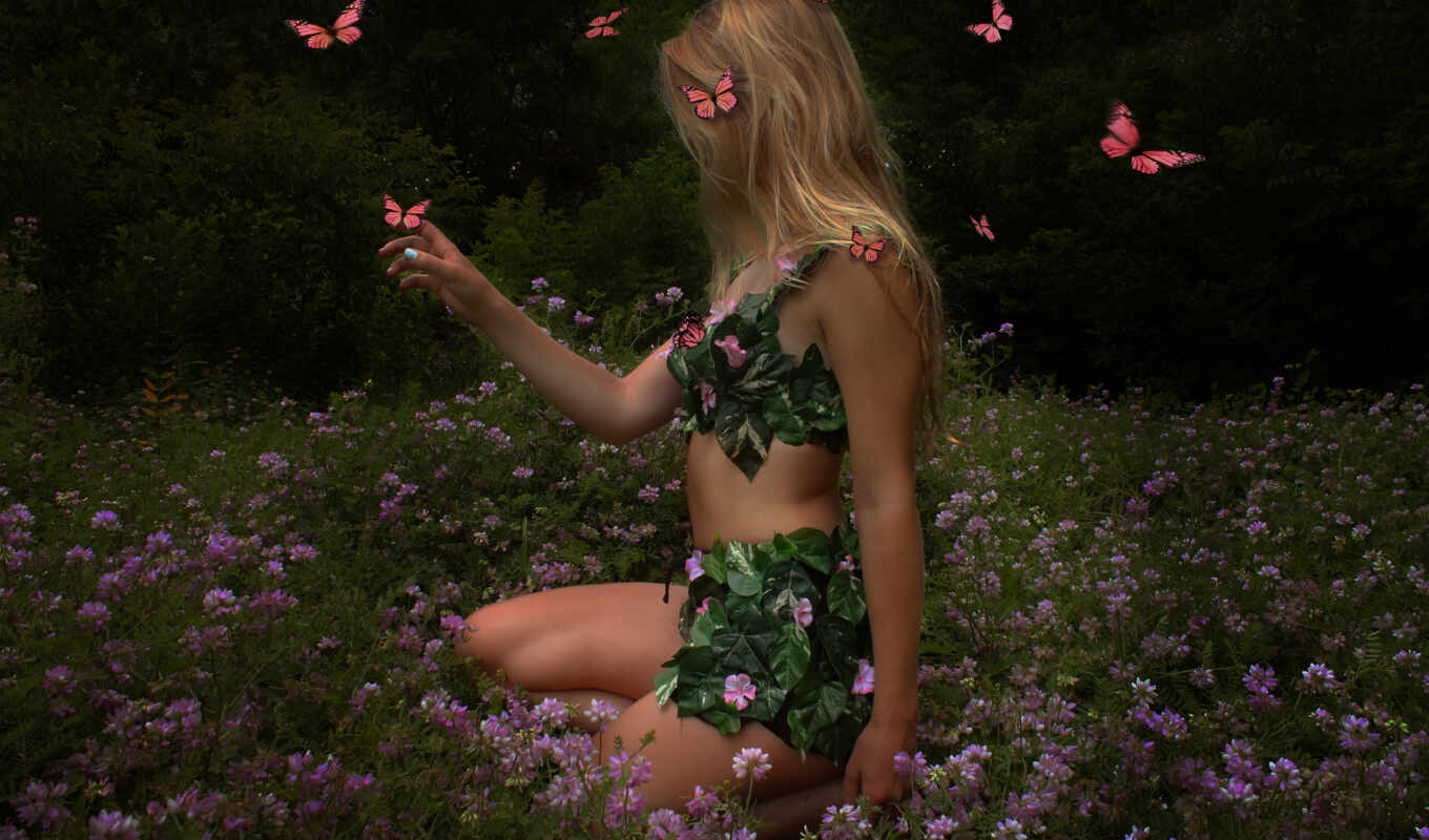 природа, девушка, summer, волосы, among, cvety, цветов, бабочки, бабочек