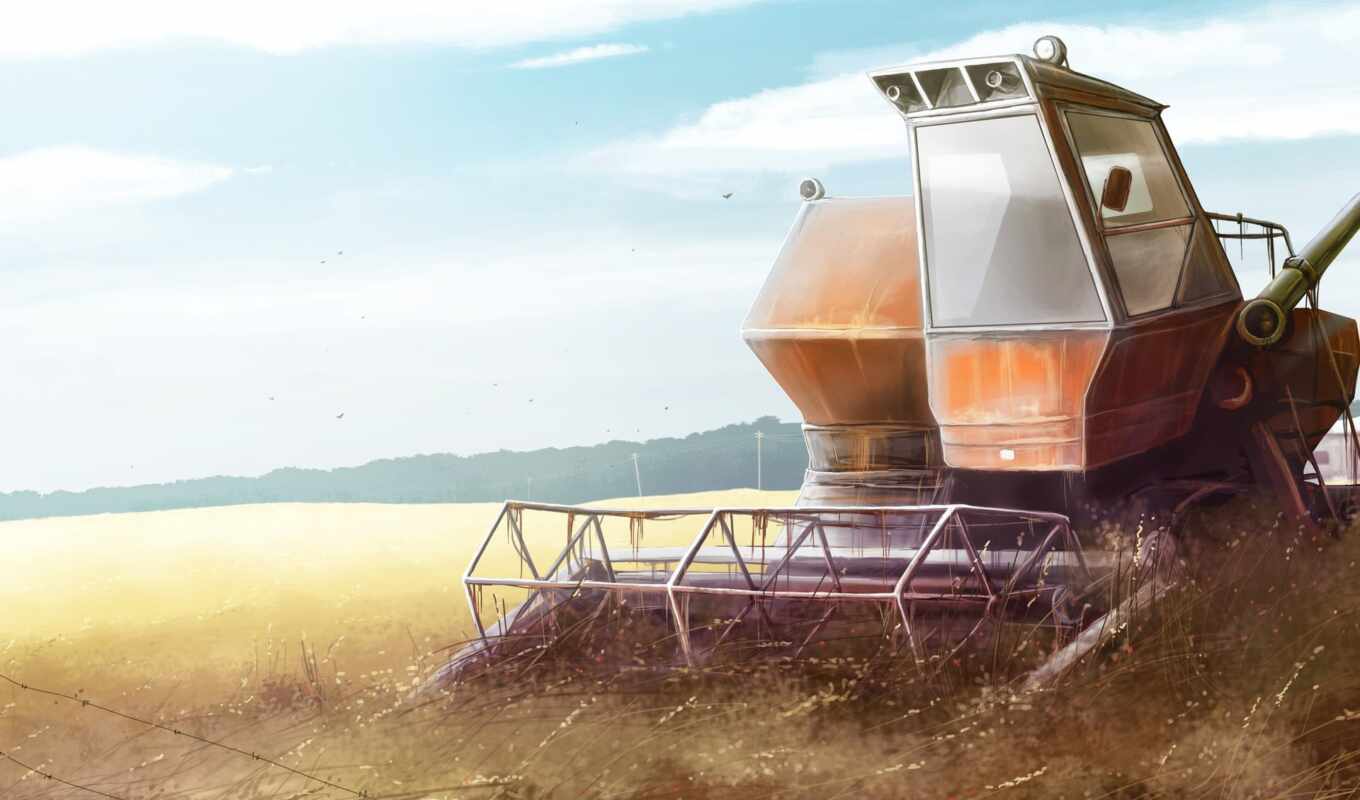dog, tractor, combine harvester