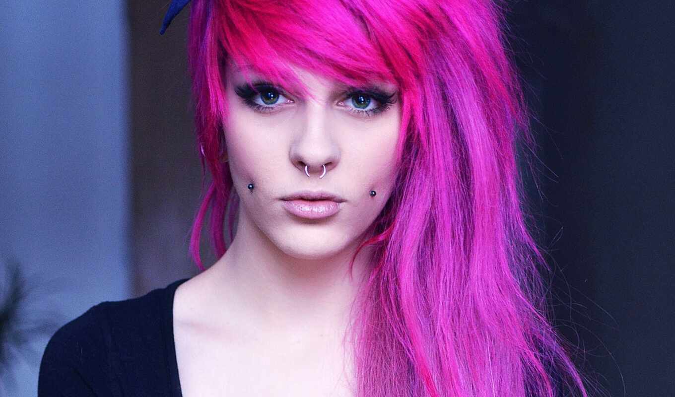 девушка, волосы, пирсинг, розовый, красивый