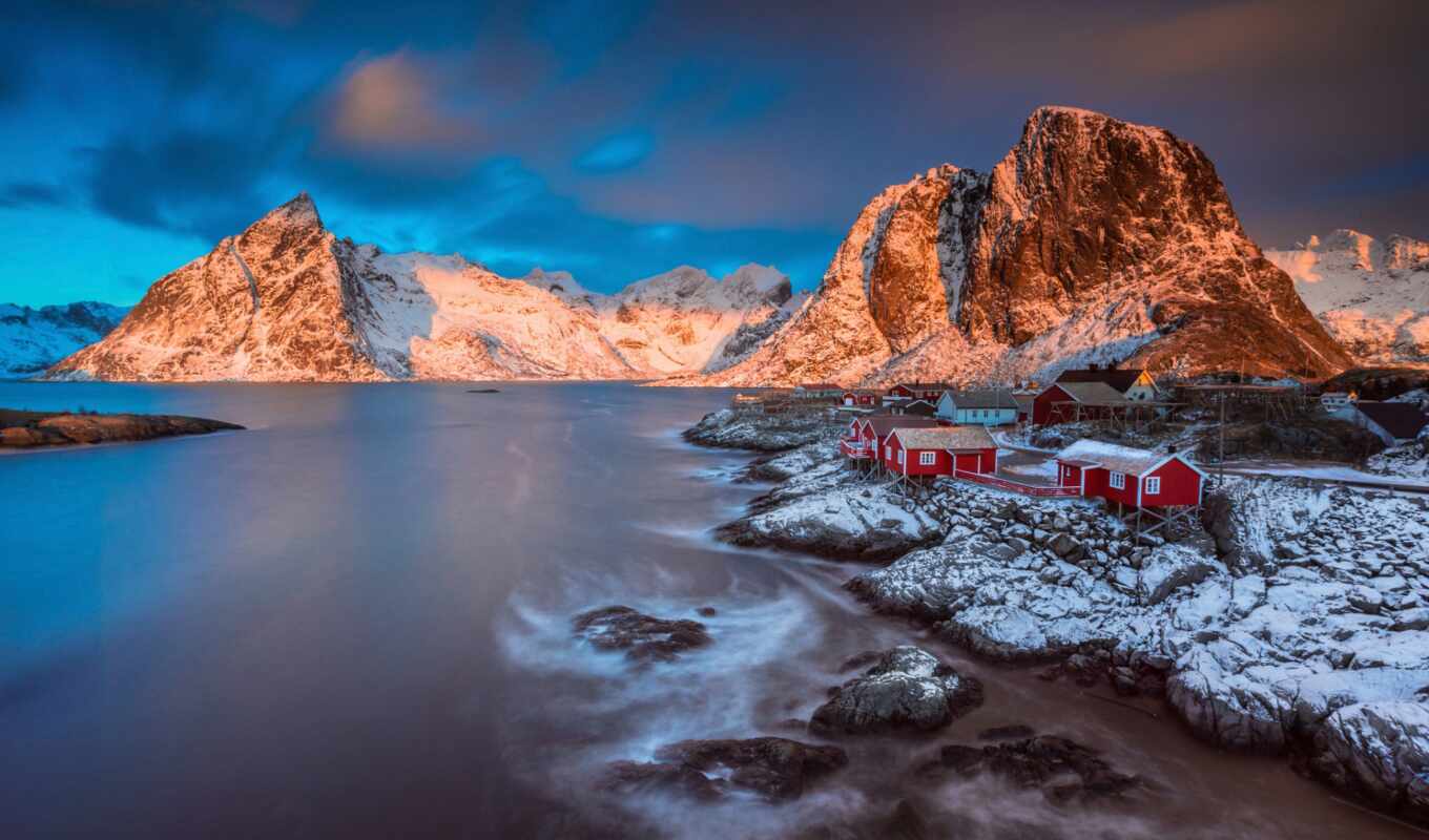 light, snow, winter, mountain, rock, add, the original, village, fjord, norwegian, lofotenskii