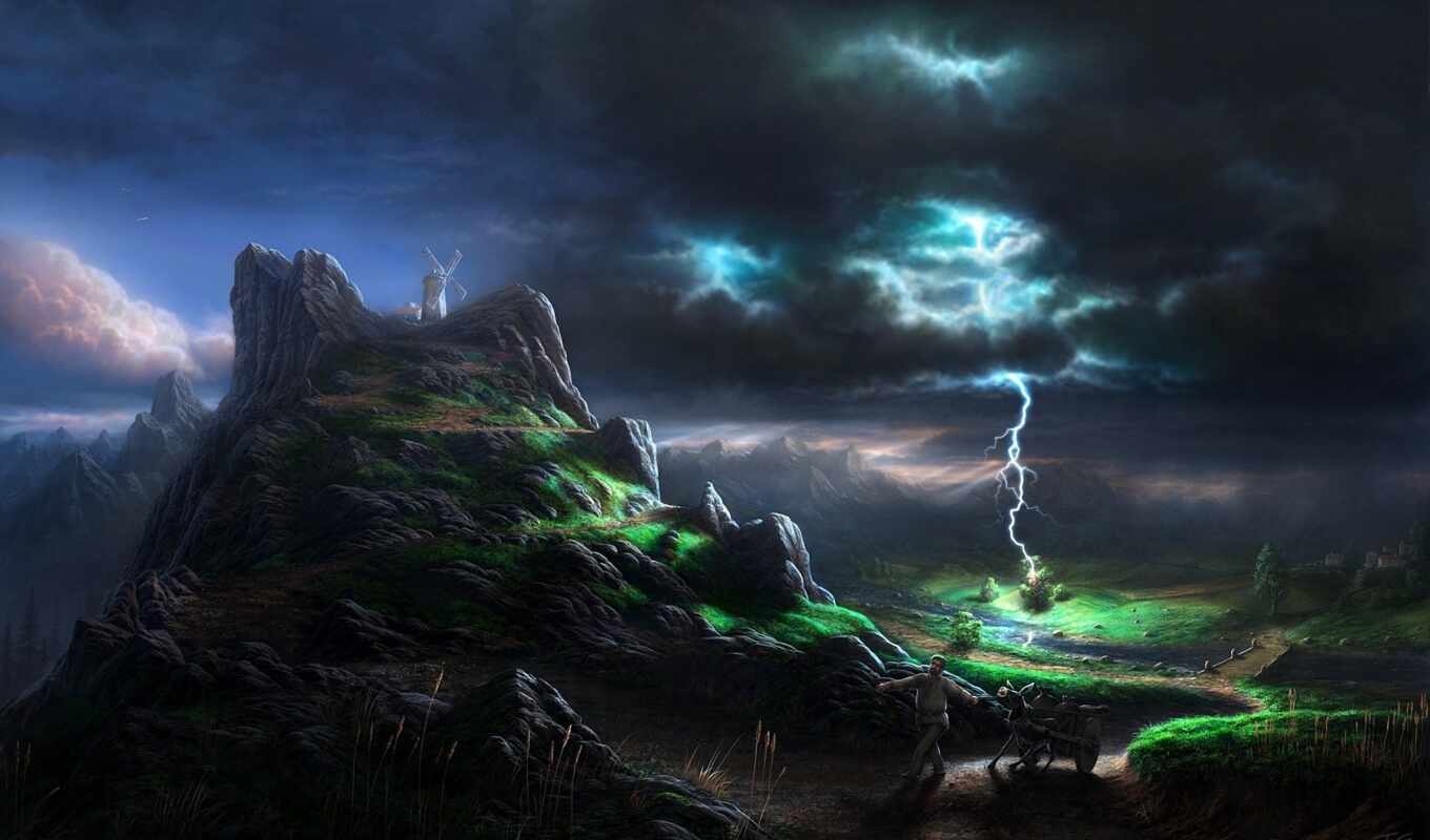 mountain, lightning, art