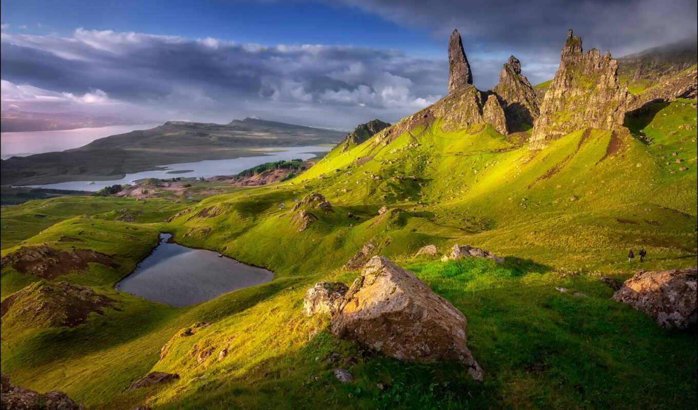 озеро, мужчина, sun, гора, rock, остров, pantalla, шотландия, scotia, skye, a